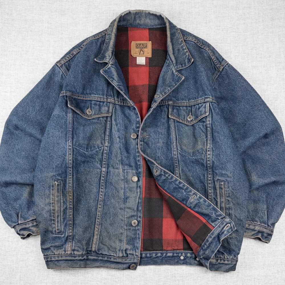 Vintage GAP Flannel Lined Denim Trucker Jacket Buffalo Plaid 90s‎ Workwear M
